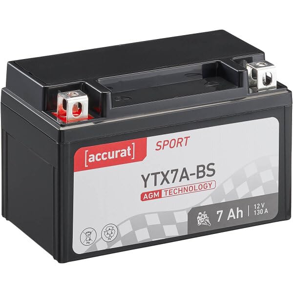 accurat Motorradbatterie YTX7A-BS AGM 12V 7Ah Roller Batterie Motorrad Moped Mofa 6Ah