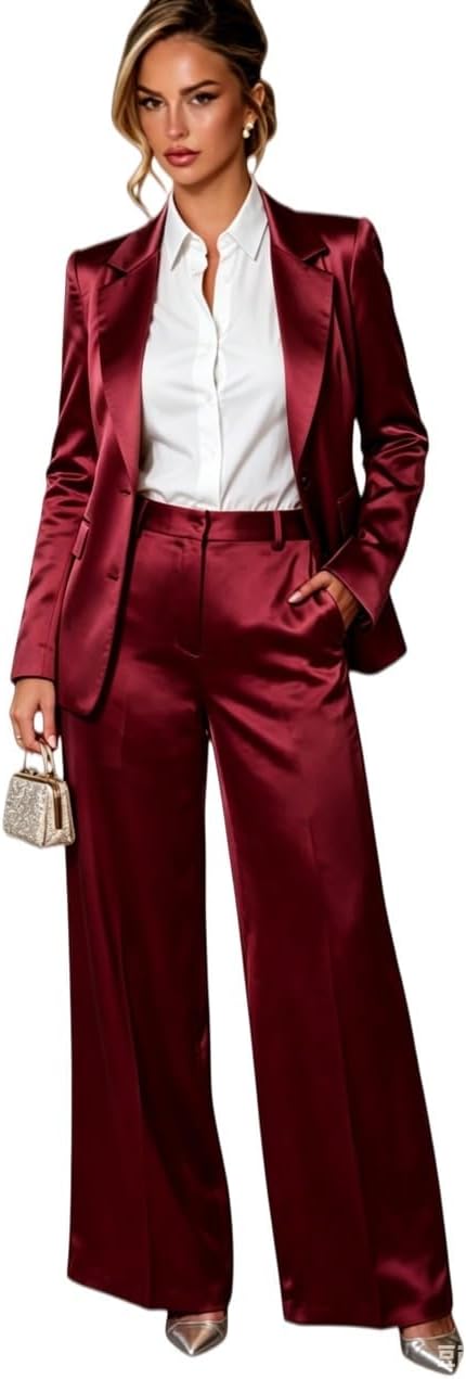 Satin Suit for Women 2 PC Notch Lapel Blazer Pants Business Suit Wedding Outfit