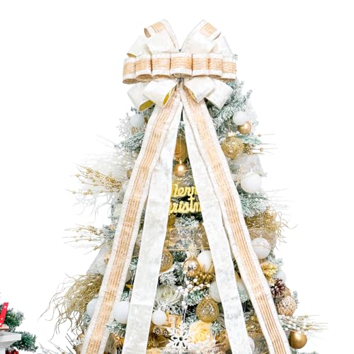 Hismir Christmas Tree Topper Bow,53 x 13 Inches Velvet Large Christmas Bow Decor with Long Glittering Streamer Line,Xmas Decorations for Tree Wreath Door Festival Home(Light Gold & Gold Line)