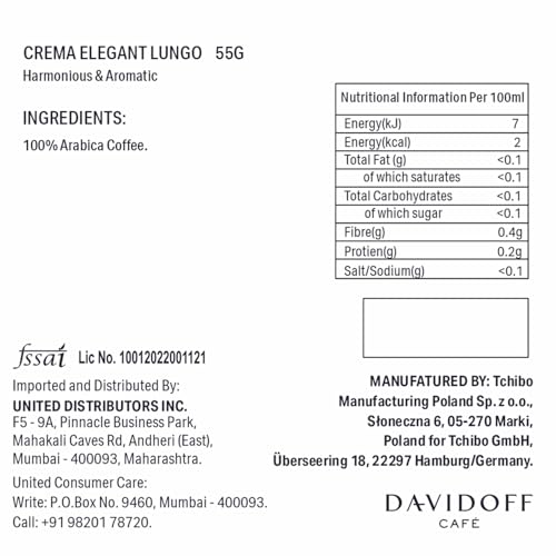 Image of Davidoff Crema Elegant Lungo Harmonious & Aromatic Coffee 10 Capsules - 6 /12 Intensity - 100% Arabica - 55G