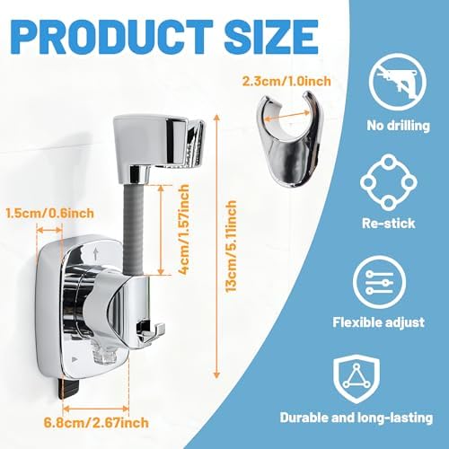 360 Swivel Adjustable Shower Head Holder Suction Cup Shower Head Holder Wall Mount with Hook No Drill Removable Hand Held Bracket for Rental Hotel Bathroom Kitchen (1 Pcs) — view 6