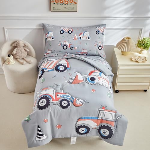 Image of Construction Toddler Bedding Set for Boys,4 Pieces Gray Toddler Comforter Set,Truck Vehicles Excavator Cars Printed,Soft Crib Bed Sheets Set Includes Comforter,Flat Sheet,Fitted Sheet and Pillowcase