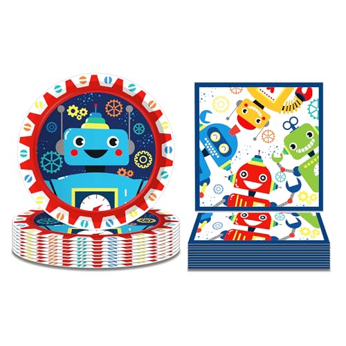 Robot Party Plates and Napkins for 24 Guests 64 Pcs Robot Birthday Party Supplies Disposable Tableware Set Robots Paper Plates Napkins for Robots Theme Birthday Party Supplies