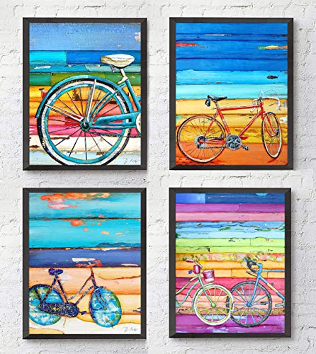 Bicycle Art Prints, Set of 4, By Danny Phillips, Unframed, Mixed Media Collage Wall Art Decor Posters, 8x10 Inches