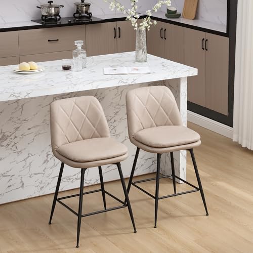 Image of Swivel Bar Stools Set of 2, Swivel Counter Height Bar Stools Set with Metal Legs and Upholstered Faux-Leather Seats, Modern Bar Stool with Back for Kitchen Island (A26 H, Beige)