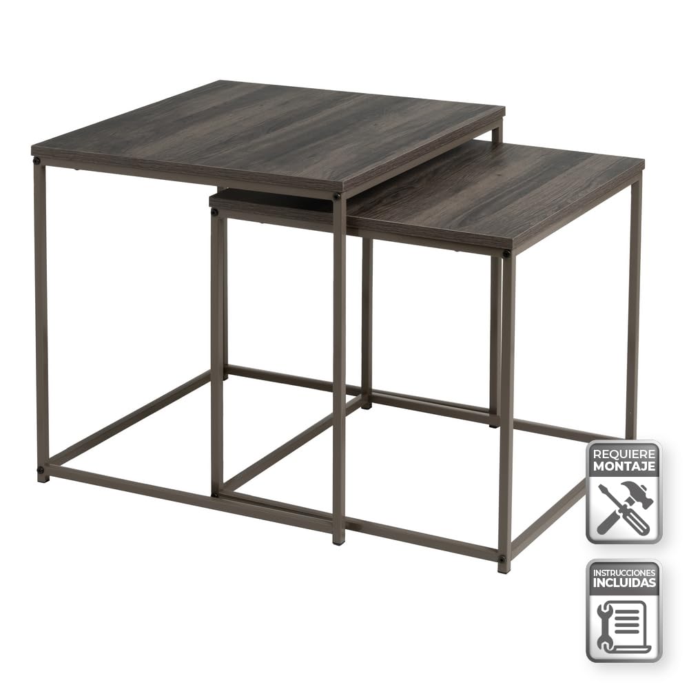 LOLAhome | Set 2 Mesas de Centro | Mesa Nido Pequeña para Salón o Comedor Oficina| Mesita Auxiliar Cuadrada Sofá| Madera y Metal Ceniza