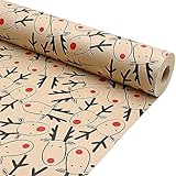 43cm *15m Christmas Wrapping Paper Roll,Recyclable Brown Gift Wrapping Paper With Elk for Xmas Party Gifts, Birthday,Graduation,ECO-friendly Present Decorations-Elk head
