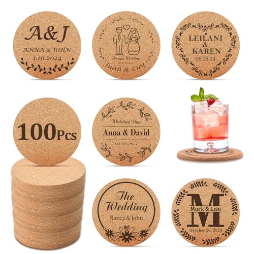 100Pc Personalized Cork Coasters Bulk Wedding Favors
