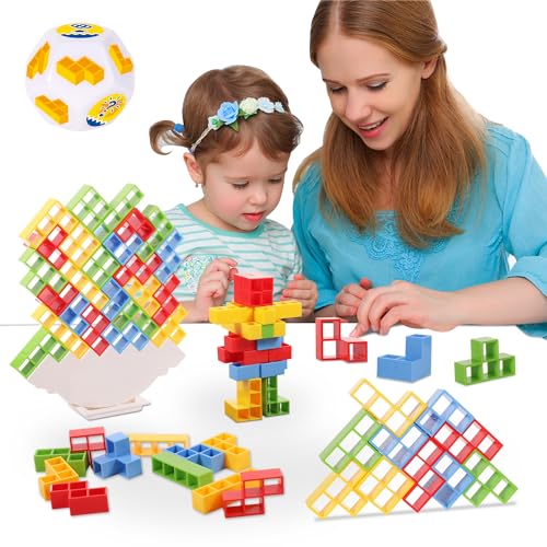 BOXOB 32pcs Stacking Tower Game with Dice, Balance Stacking Blocks Game Random Fun Educational Puzzle Balance Board Game Gift for 2 Players Kids Adults Holiday Party Travel Supplies