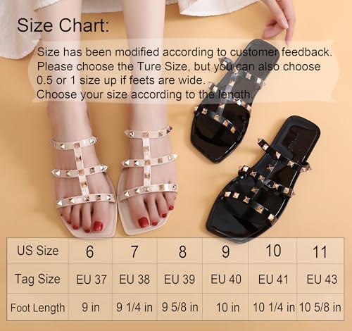 Image of Women Flats Sandals, Studded Jelly Shoes Size 9 Red Dressy Summer Beach Rivets Strappy Jellies Slide Slip On Open Toes