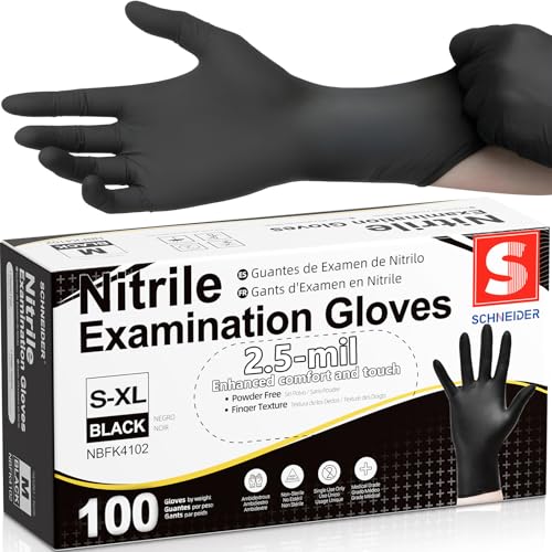 Schneider Black Nitrile Exam Gloves, Box of 100, Latex Free & Powder Free Disposable Gloves, for...