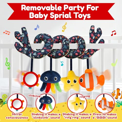 Image of TSYAN Ocean Theme Spiral Stroller Toy with Music & Mirror | Keep babies engaged on the go. Plush marine spiral toy features a safety mirror, musical sounds, and cute sea animals.