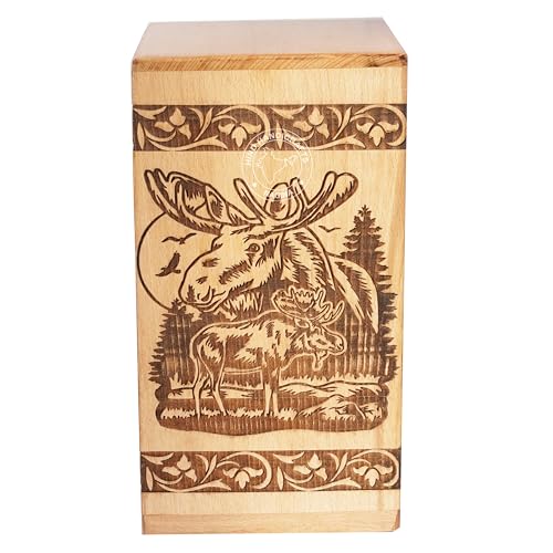 Image of Handcrafted Floral Engraved Wooden Urns for Human Ashes Adult Large - Cremation Urn for Ashes - Burial Urn for Columbarium - Funeral Urn Box (Buck Deer 1, 250 LB - BeechWood)