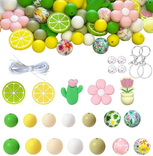 JNEWIN 112pcs Silicone Beads Kit for Keychain Making, 15mm Focal Beads with Charms & Elastic String, DIY Supplies for Handmade Gifts, Bracelet, Pen Decorations