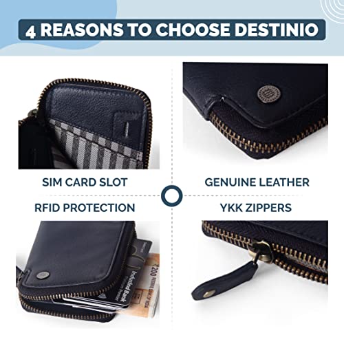 Image of Destinio Card Holder Wallet for Men Women - Genuine Leather, Branded Zippers, RFID Protection - ATM Debit Credit Card Holder, Slim RFID Protected Zipper Money Coin Purse (Blue)