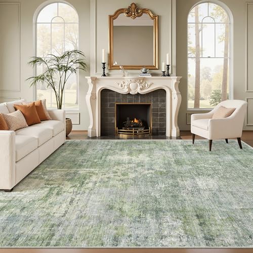 Image of Soalmost Abstract Rug 8x10 Large Living Room Rugs Neutral Modern Washable Area Rugs for Bedroom Dining Room Non-Slip Stain Resistant Foldable Thin Rug Green