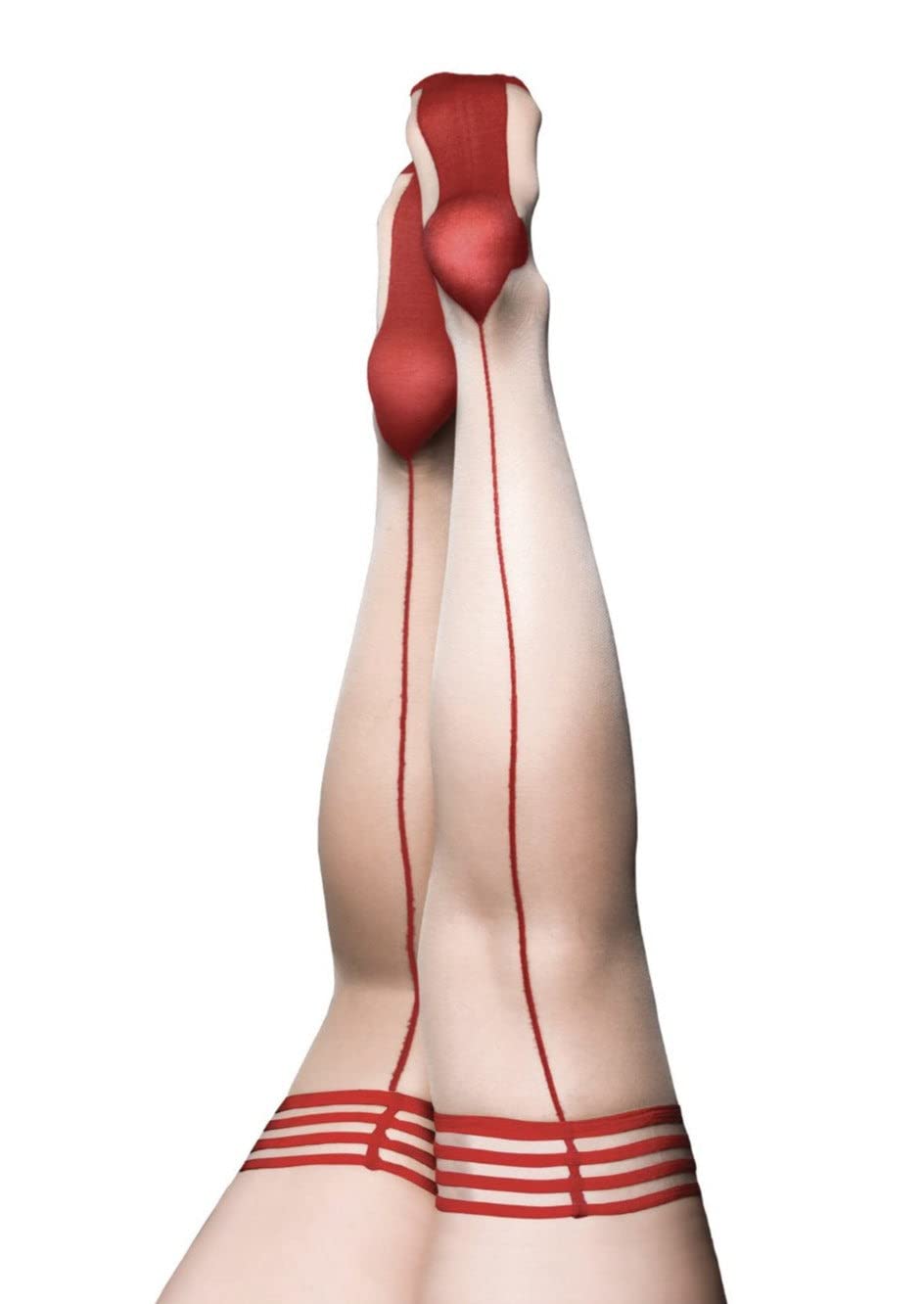 Kixies Stockings For Women | Thigh High Stockings with No-Slip Grip Stay Ups Thigh Bands | Womens Thigh High Stockings (Whitney Nude, Red Band, Red Seam and Heel 1333D)