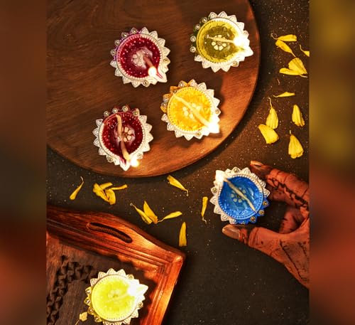 IndoTribe Diwali Diyas - 12pc Set, Clay Tea Lights, Decorative Diwali Lights & Gifts