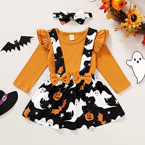 Little Miss Sassy Halloween Baby Girl Clothes Ghost Ruffle T-Shirt And Bow Suspender Skirt Spooky 3Pcs Fall Outfit Sets Purple (Orange, 12-18 Months) #TOP1