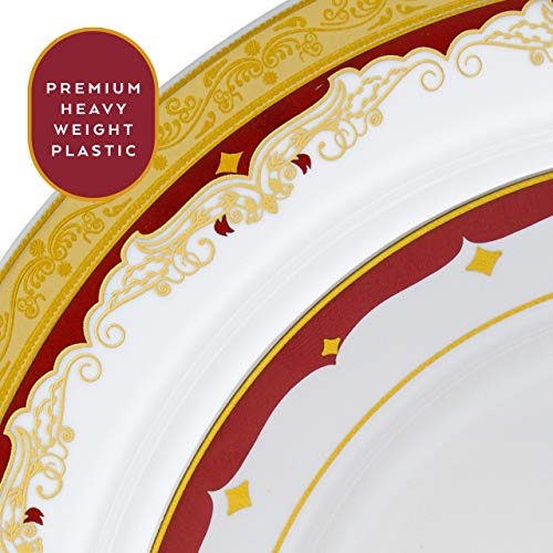 Laura Stein Party Plates Set Of 64 Disposable Combo Set, Plastic Dishes, White Plates With 3 Tone Rim/Border Gold & Burgundy Includes 32 10.75'' Inch Plates & 32 7.5'' Inch Plates Vintage Series #TOP3