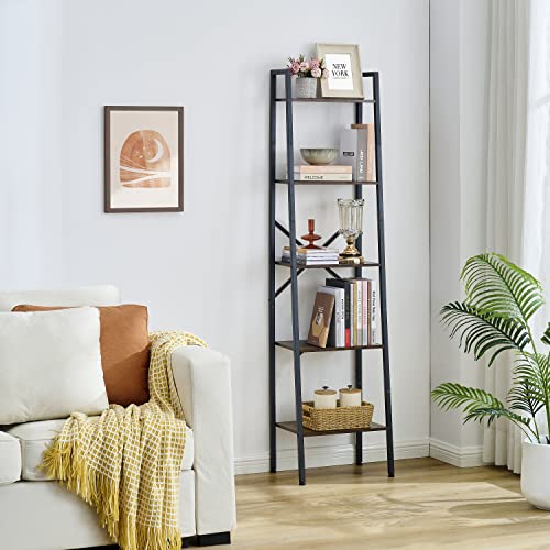 Image of Hoctieon Industrial Ladder Bookshelf, Multifunctional Ladder Shelf, 5-Tier Tall Bookshelf, Open Ladder Shelf Bookcase, for Living Room, Home Office, Kitchen, Bedroom, Metal Frame, Rustic Brown
