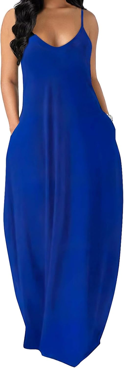 OFEEFAN Women's Maxi Dresses Summer Spaghetti Strap Dress with Pockets