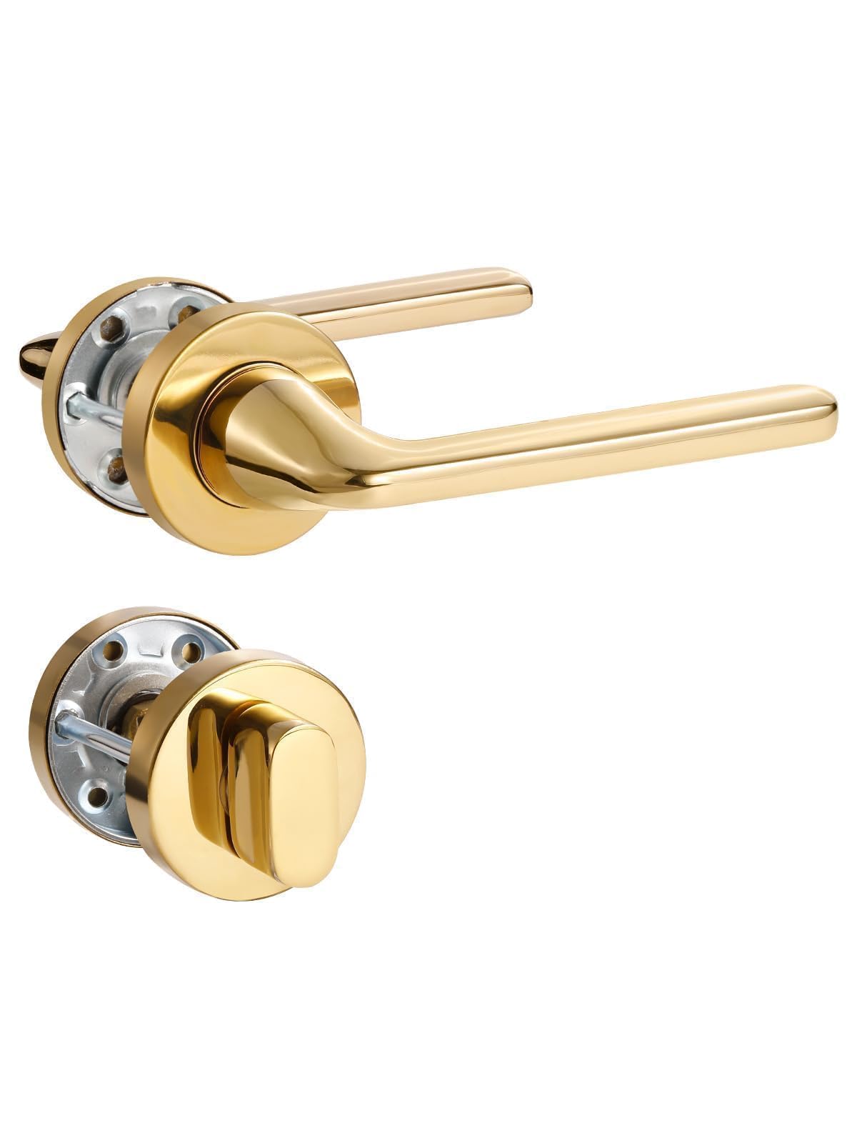 SORWDUERM Gold Door Handle Set, Matte Brushed Stainless Steel, L Shape Round Rosette WC Profile Cylinder for Front & Interior Doors