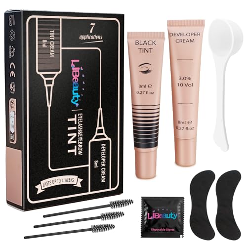 Libeauty Tinte de pestañas, kit de tinte de pestañas negro, kit de tinte de pestañas y tinte de cejas 2 en 1, kit de tinte para cejas con almohadillas de silicona para pestañas, efecto de salón dura 6
