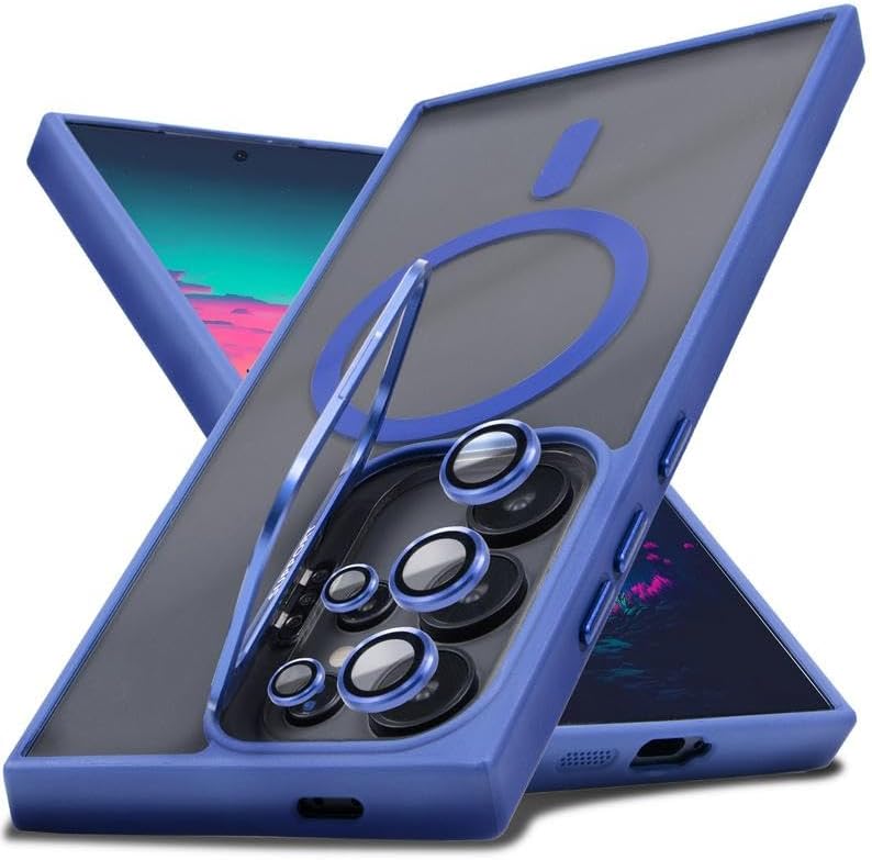 Compatible with S25/ S24/ S23 Plus Shockproof Camera Ring Stand Heavy Duty Clear Camera Lens Protector Phone Case (Blue,for S25 Ultra)