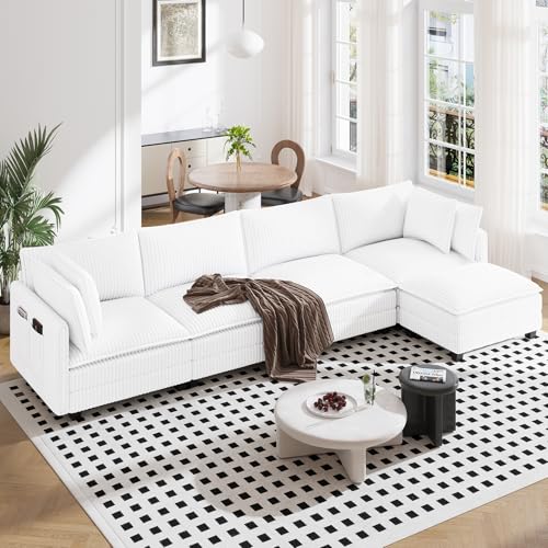 Image of Vesgantti 143 inch L Shaped Modular Sectional Sofa, Comfy Corduroy Upholstered Modular Sectional Couches for Living Room, Modern Cloud Couch with Ottoman Deep Seat, Warm White