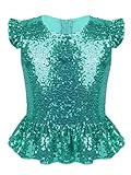  ranrann Enfant Fille T-Shirt Paillette Volant Costume Brillant Crop Top Manches Courtes Flutter Retour Zipper Blouse Gilet Haut de Danse Halloween Carnaval Fête 4-12 Ans Turquoise 11-12 Ans