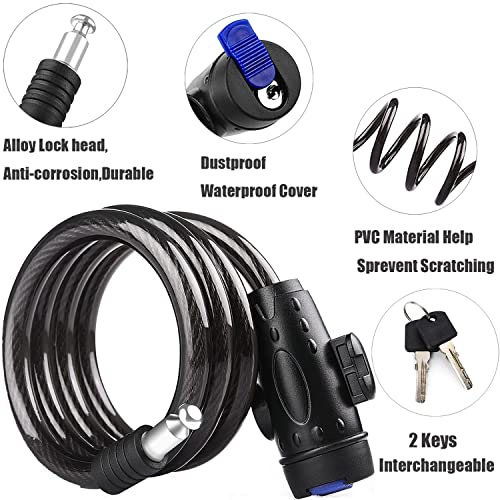 Bike Cable Lock With Key, Weatherproof Heavy Duty Bicycle Lock,Outdoor Anti-Theft Bicycle Lock With Included Mounting Bracket,4Ft Self Coiling 12Mm Braided Steel Cable,For Bicycles,Scooters,Gates #TOP1