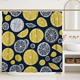 Citrus Duschvorhang, gelbe Zitrone, Marineblau, Obst, Badezimmer-Dekor, Sommer, modern, lustig, wasserdichter Stoff-Duschvorhang mit Haken, 157 x 183 cm