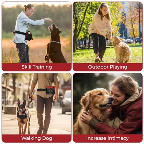 Dog Treat Pouch Training Kit with Clicker for Dog Trainer, Puppy Treat Bag with Poop Bag Dispenser and Clip for Leash, Waist Belt Pouches, Dog Clickers and Silent Whistle for Pet Training (Ruby Red)