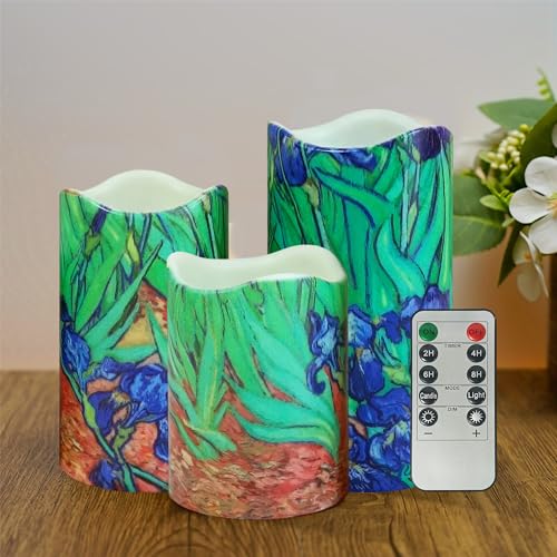 Image of Floral Flameless LED Pillar Candles, 3pcs Van Gogh Irises Battery Operated Flickering Candles with Timer Remote,Decorative Flickering LED Candles for Wedding Mother's Day Home Decor