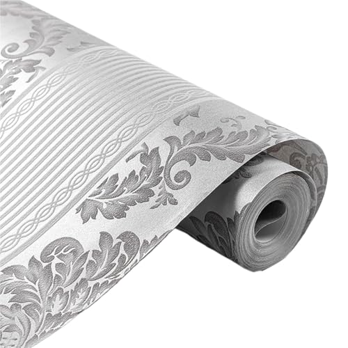 Papel De Revestimiento for Paredes,Rollo De Papel De Pared,Papel Tapiz De Damasco Gris Plateado De Lujo Patrones Florales De Lujo Gris Metálico Papel Tapiz Con Textura Flocado En Relieve