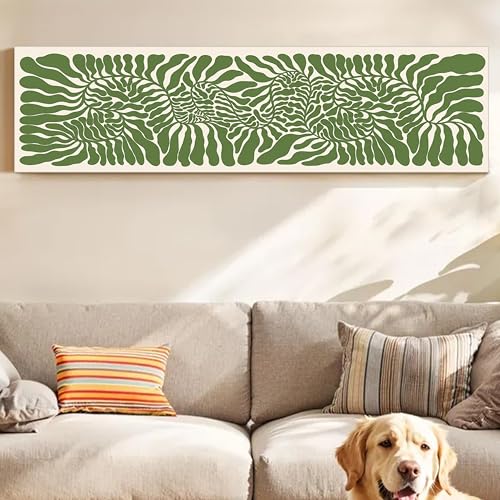 Image of Botanical Boho Stretched Canvas Wall Art Painting for Living Room, Green Abstract Leaf Canvas Wall Decor For Livingroom, Bedroom, Office, Hallway's, Hotel 12x46 Inch