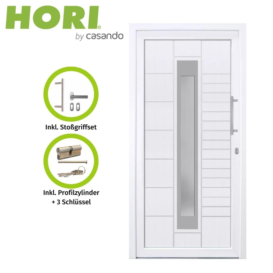 HORI Haustür Kunststoff, aluminium, Komplettset konfigurieren, Hauseingangstür Modern - Farbe: weiß - DIN rechts - Modell: Stripe - 210 x 110 cm