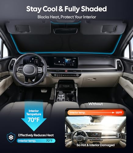 Image of Wigoo for Kia Sorento Windshield Sunshade [OEM Design, 100% Sun Blockage] Foldable Heat Insulation Sun Shade with Storage Bag, for Kia Sorento (2016-2026), Silver Coating