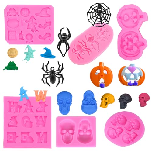 6 Piezas de Rosa Moldes de Silicona D'halloween,Cráneos De Silicona Molde Forma de Arañas Calabaza Cabeza de Esqueleto,para Repostería Decoración de Hallween