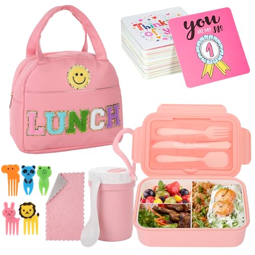 77 Pieces Preppy Bento Box Lunch Box Kit Large Pink Insulated Lunch Bag 3 Layer Stackable Leakproof Lunch Box Containers with Cup,Lunch Bag,Spoon,Fork,60 Pieces Lunch Box Notes for Girl(Pink)