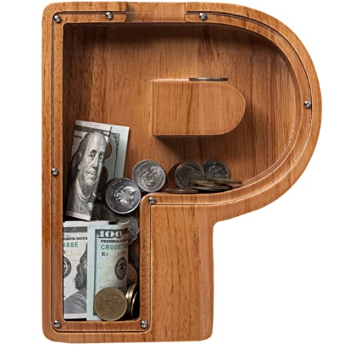 Personalized Large Wooden Kids Letter Piggy Bank Custom Name Coin Bank, ( Laser Engraved Name ) Wood Alphabet Letter Bank Money Box Birthday Gift (P, 30cm/12Inch)