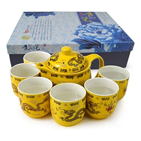 Ceramic Teapot With 6 Tea Cups Stainless Filter Wire Infuser for Home Office Tea Set (Dragon) Cover