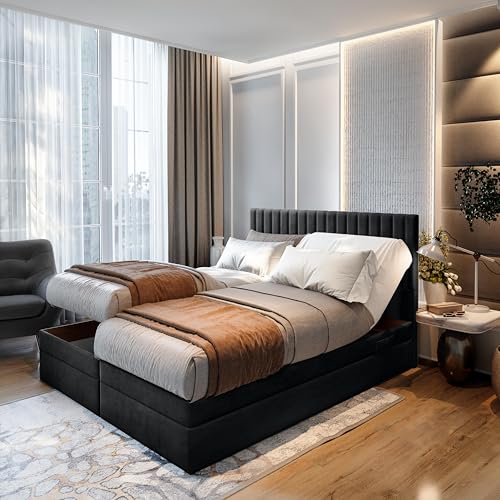 TRADA Lit Adulte ADÈLE - Ensemble Matelas+sommier Relaxation électrique avec Matelas Ressorts ensachés, Rangement et surmatelas en Tissu Velours (Noir, 160 x 200)