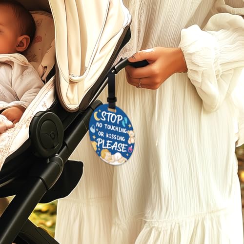 Image of 2 Pack Do Not Touch Signs Stroller Tag Blue No Touching Car Seat Sign Cute Beer Theme Stop No Touching Safety for Family PVC Seat Signs-Stroller Tag for Car Accessories 5 Inches