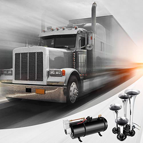 Hicient 150DB Train Air Horn Kit, 4 Trumpet Train Horn Kit with 120 PSI Air Compressor for Any 12V Vehicles Trucks Trains Boats Cars Vans (Black)