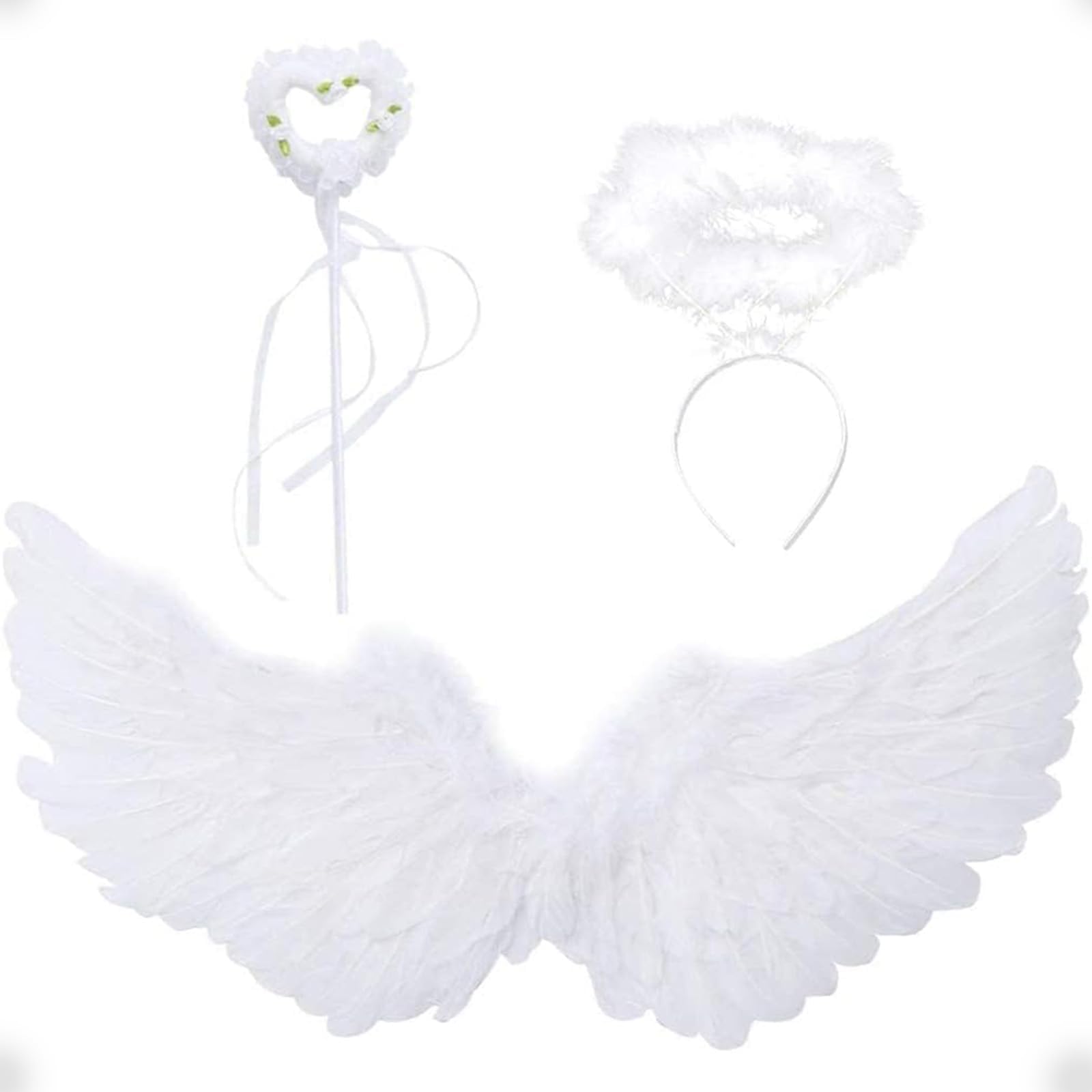 Joyzzz Parties Costumes Accessories for Girls, Angel Wings Set with Halo Magic Wand, Feather Dress Up Props, Party Costume for Girls Party, Halloween, Pageant, Cosplay for Ages 3-8