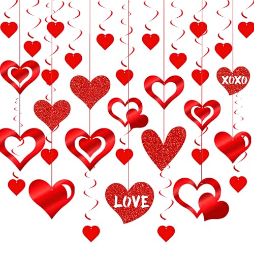 Gibocot 30 decoraciones colgantes para el día de San Valentín, incluye 16 guirnaldas de corazón hueco con purpurina y 14 remolinos colgantes rojos para decoración de techo de San Valentín, aniversario
