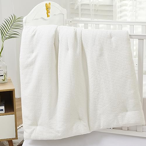 Image of Brandream Gender Neutral Boho Bohemian Baby Girl Boy Nursery Crib Bedding Set - 3 Pieces - Solid White 100% Cotton Waffle Weave Coconut Farmhouse Chic Unisex Minimalist Tassel Fringe Macrame Cozy