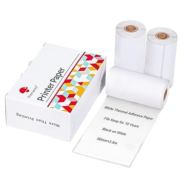 ZORBES Thermal Printer Paper Poll 3 Pcs White Self-Adhesive Thermal Printing Paper Printer Sticker Paper for Mini Thermal Printer, Printing Paper Roll for Phomemo T02/M02X Bluetooth, 50mm*3.5m/Roll